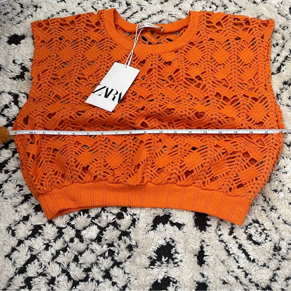 ZARA Orange Crochet Knit Top Sleeveless NWT M Boho Indie Coastal Grandma Resort - Picture 9 of 12